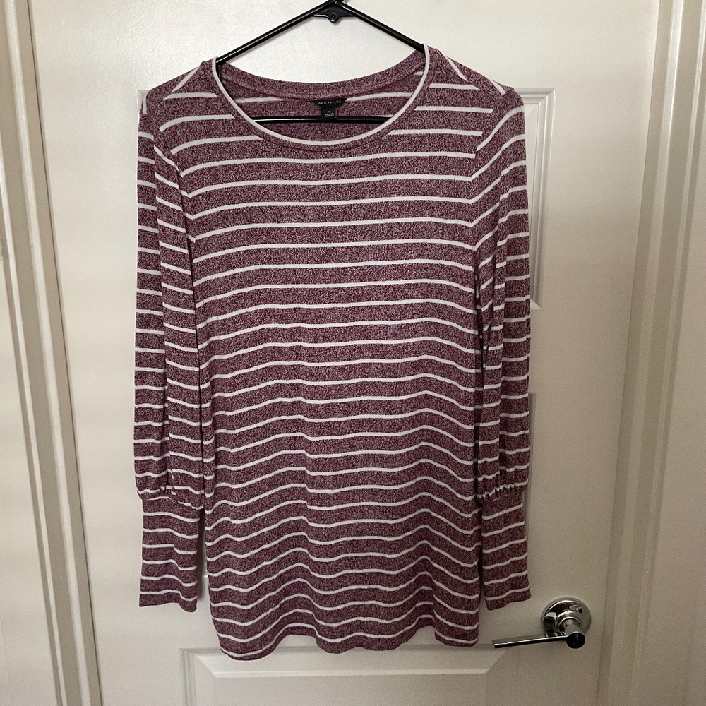 Ann Taylor Striped Balloon Sleeve Tunic - Burgundy/White - Size Small